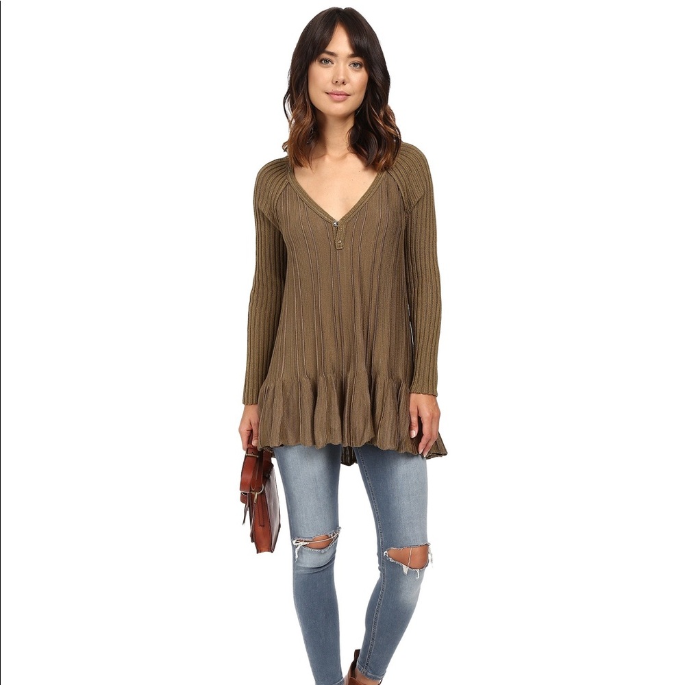 Free People Olive Ribbed Long Sleeve Top
